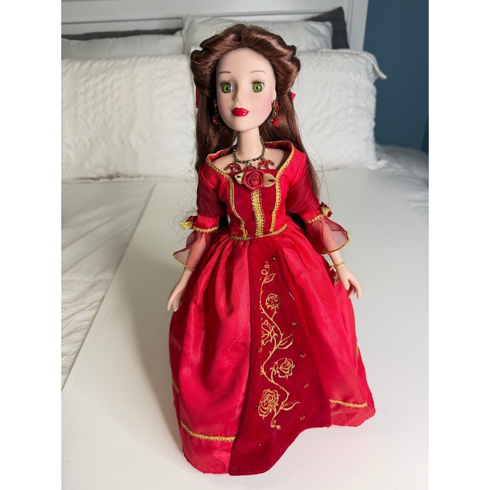 Disney Belle Porcelain Doll Women 15" Red Excellent Brass Key Winter Gown Rose